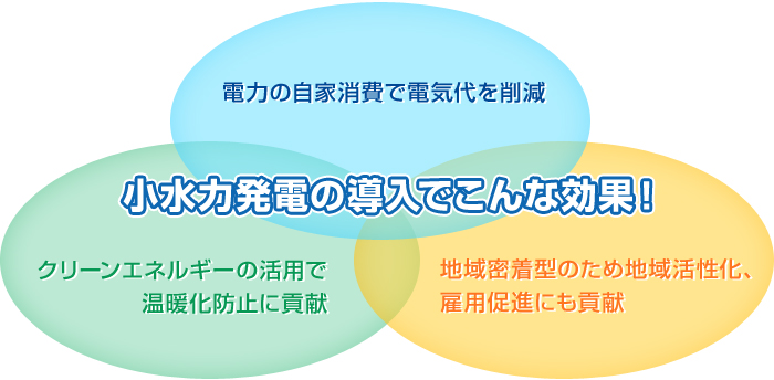 小水力発電の導入でこんな効果！　●電力の自家消費で電気代を削減　●クリーンエネルギーの活用で温暖化防止に貢献　●地域密着型のため地域活性化、雇用促進にも貢献